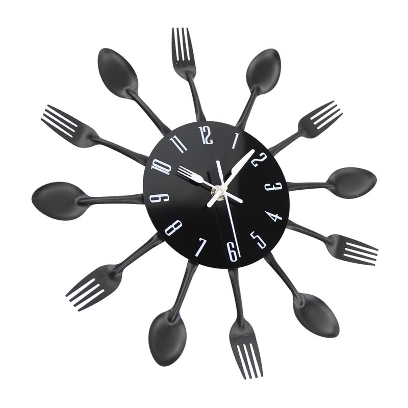 Timelike Kitchen Wall Clock, 3D Removable Modern Creative Cutlery Kitchen Spoon Fork Wall Clock Mirror Wall Decal Wall Sticker Room Home Decoration (Black) - Image 3